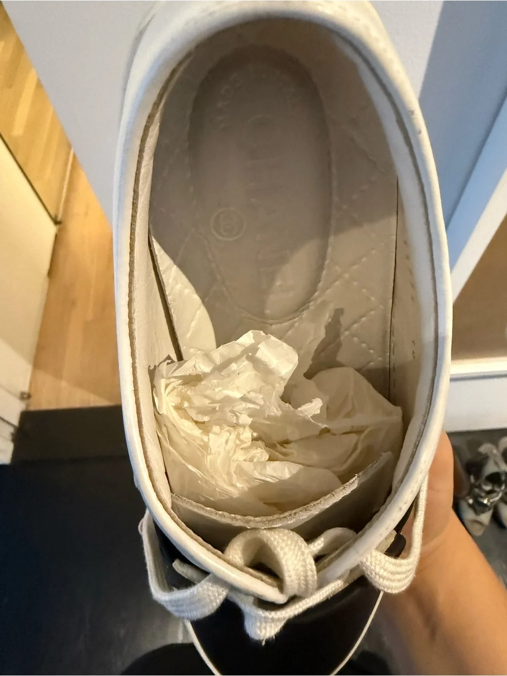 CHANEL Black and White Leather Slip-On Sneakers with laces